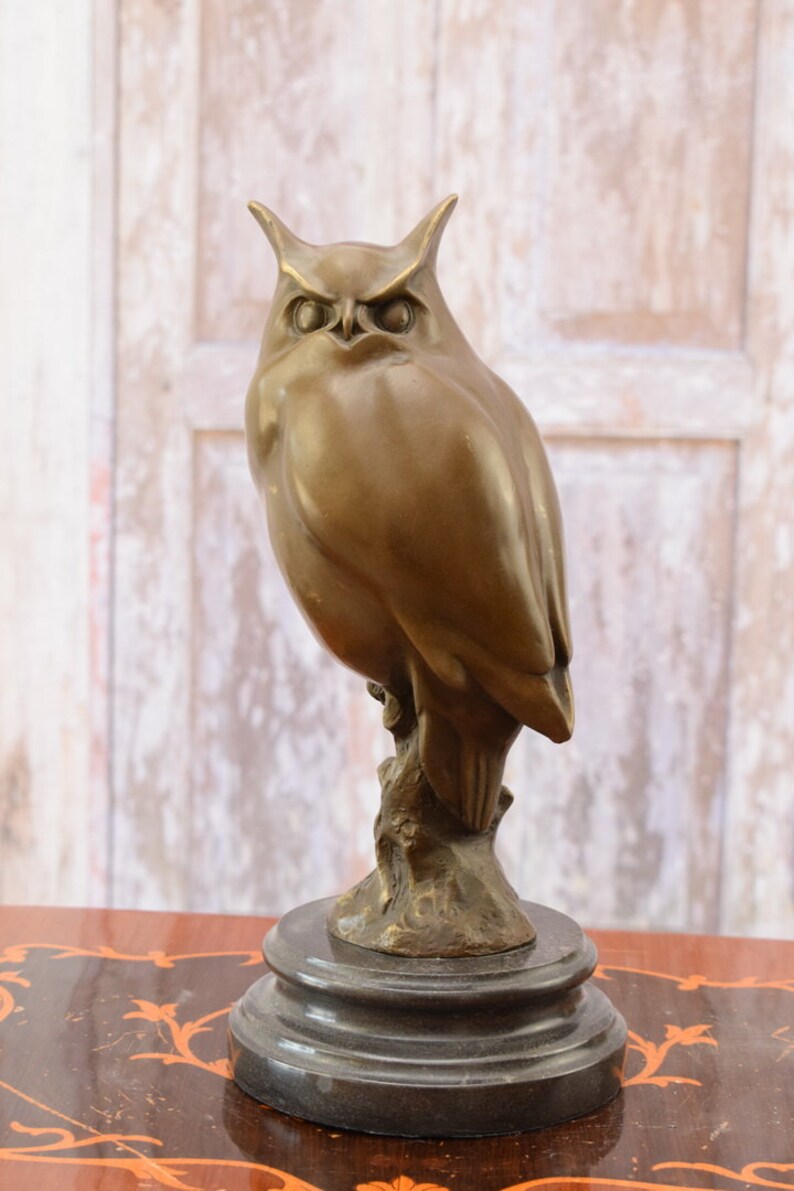 Large Bronze Owl Figurine: Vintage Wisdom Symbol on Marble Base image 5