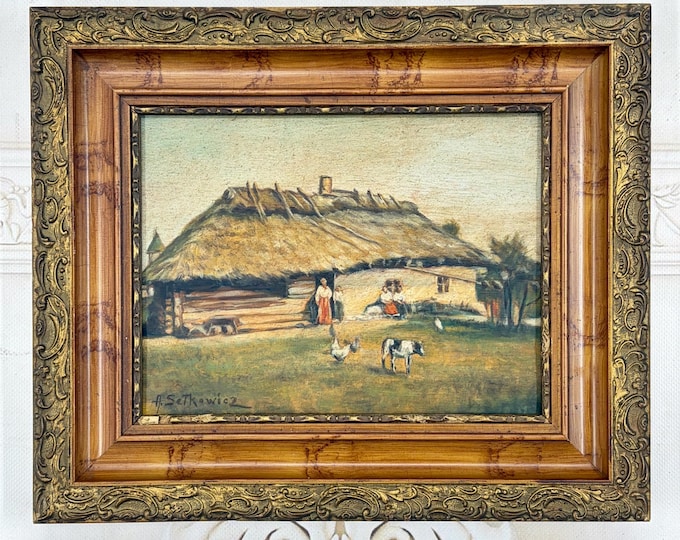 Antique Farm Painting – Old Cottage with Cows and Chickens – Rustic Countryside Art on Board