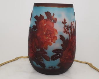 Emile Galle Style Flower Vase: Red & Blue Art Nouveau Glass
