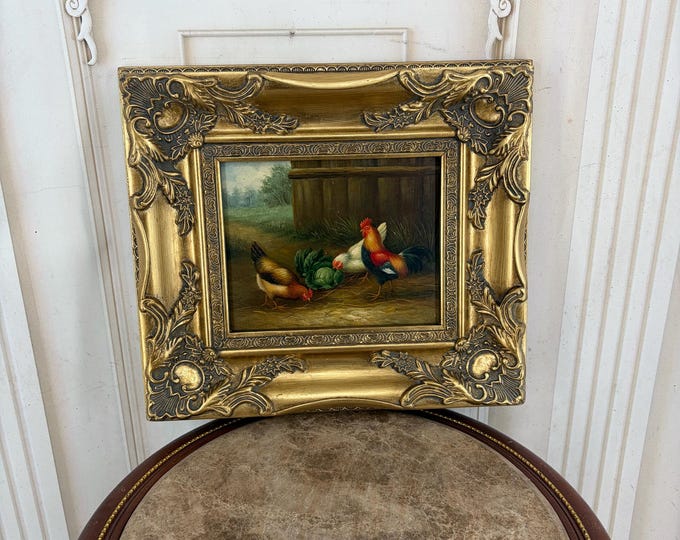 Vintage Chickens and Rooster Painting - Rural Farm Scene - Ornate Gold Frame - Unique Wall Art