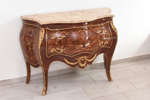French Baroque Commode: Antique Beech Wood Chest with Marble Top