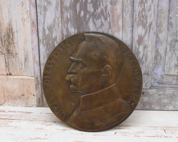Antique Bronze Plaque Jozef Pilsudski - Pilsudski Busty Bronze Antique Art Work - Signed - Gift for Polish Patriot - Souvenir from Poland