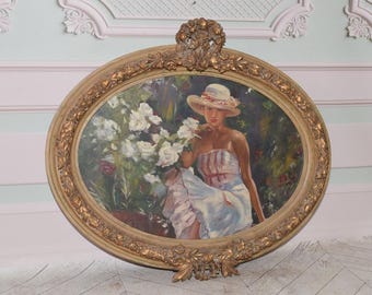 Antique Painting of Girl in Hat with White Dress – Polish Art Deco - Gold Frame – Woman with Flowers – Wall & Home Decor – Gift Idea