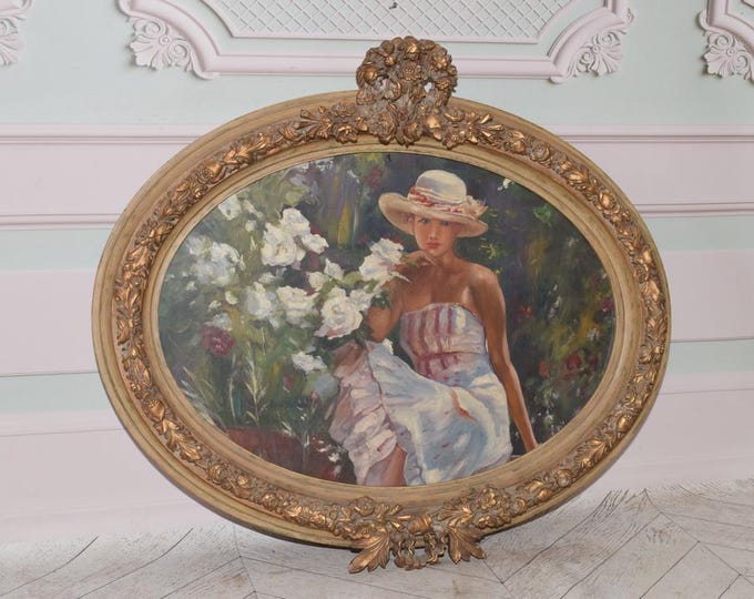 Antique Painting of Girl in Hat with White Dress – Polish Art Deco - Gold Frame – Woman with Flowers – Wall & Home Decor – Gift Idea