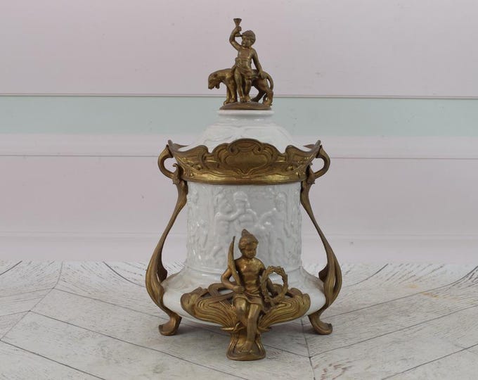 White Porcelain Vase – Antique Casket – Cherub Panther Nymphs Bronze Ornaments – Elegant Home Decor – Unique Gift Idea for Lovers of Vintage