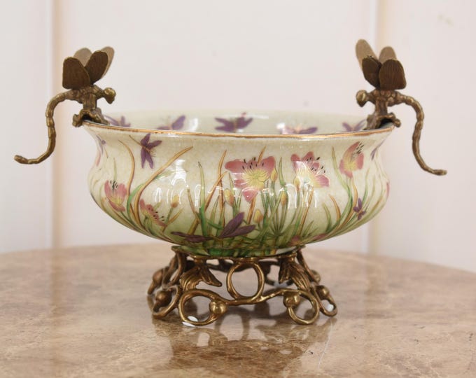 Porcelain Fruit Bowl with Bronze Dragonflies | Floral Motif Centerpiece | Elegant Vintage-Style Decorative Dish - Home Decor