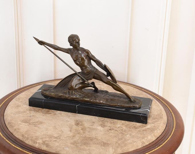 Chiparus Bronze Figure – Warrior with Spear – Signed Sculpture on Marble Base – Vintage Art Deco Collectible