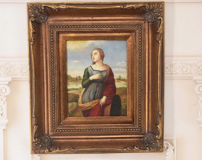 Painting Portrait French Aristocrat - Goldene Frame - Portrait Woman - Old Oil on Wood - French Art - Wall Decor - Gift for Birthday Wedding