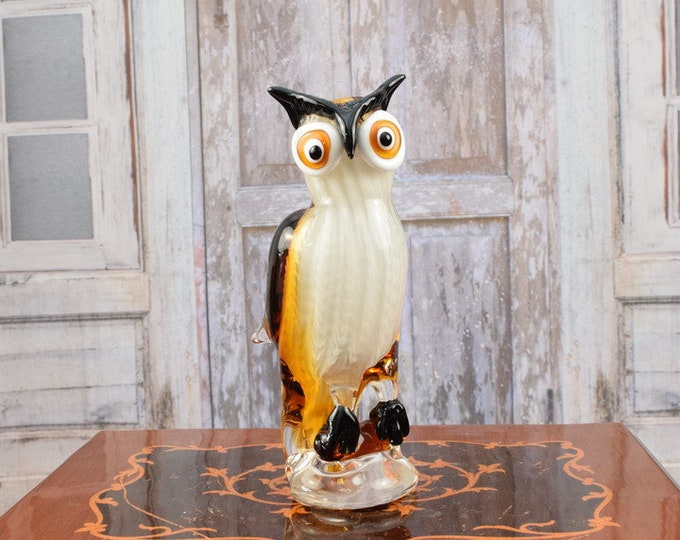 Murano Style Glass Owl Statue - Brown & Black Venetian Figurine, 12.2 inches