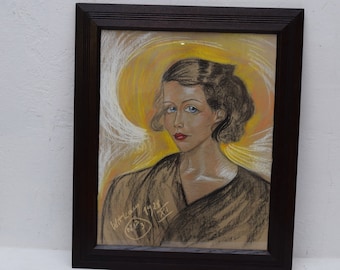 Witkacy Painting - Portrait Woman - Old Painting on Carton - Drawing Pastel Art Nouveau - Home Decor - Wall Decor - Wall Art