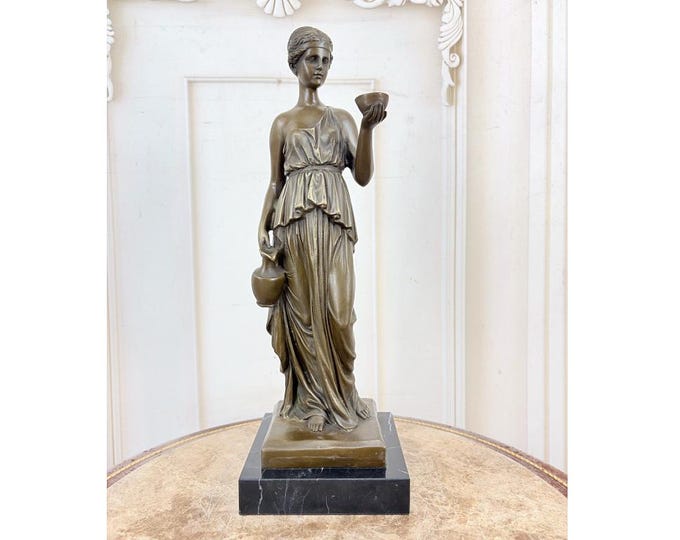 Vintage Bronze Hebe Goddess Statue – Greek Mythology Woman Figurine, Marble Base