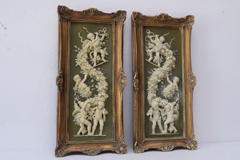 SET Dipinti in alabastro con cornice dorata Arte della parete Decorazione della parete Pittura Angeli Pittura Art Déco Pittura mitologica Decorazione per la casa immagine 6