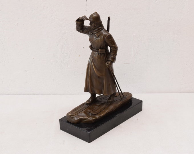 Russian Skiing - Skier Soldier Figurine Bronze - Scout Sculpture Figure - Exclusive Gift Idea -