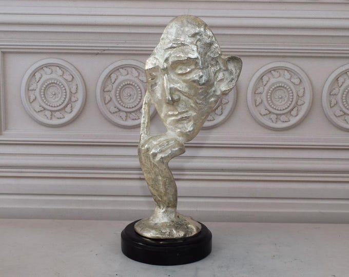 A. Barye Thinker Mask - Rodin Bronze Statue - Silvered Bronze Figure - Face Sculpture - Gift Idea for Birthday - Home and Office Decor