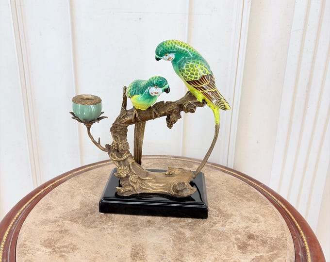 Signed Vintage Porcelain Candlestick – Two Green Parrots, Bronze Mounts – Bird Lover Decor