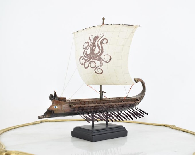 Greek Trireme with Kraken Sail – Mythical Nautical Statue – Ancient Warship Art – Unique Maritime Decor – Mythology Gift