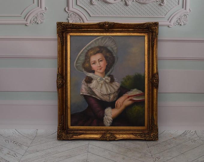 Painting Portrait French Aristocrat - Nice Goldene Frame - Portrait Woman - Old Oil on Wood - French Art - Wall Decor - Art Work - Gift Idea