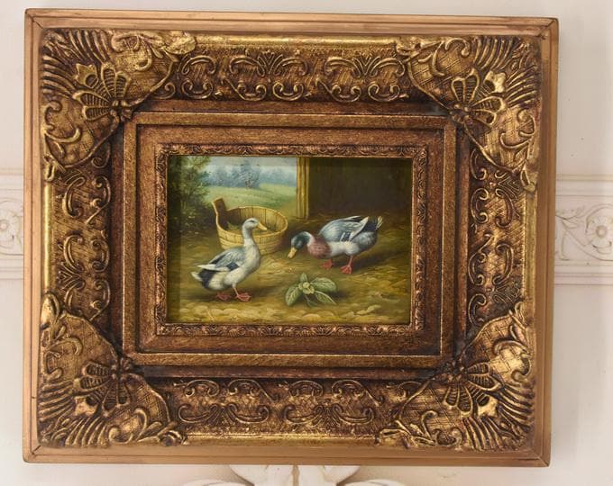 Painting Family White Ducks - Nice Frame - Ducks Painting Art - Old Oil on Wood - French Art - Wall Decor - Art Work Gift Idea for Birthday