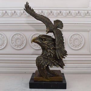 Large Two Flying Eagles Bronze Sculpture - Figure on Marble Base - Eagle Statue - Vintage Gift Idea - Home and Office Decor - Hunting Statue