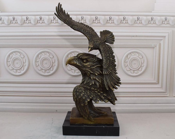 Large Two Flying Eagles Bronze Sculpture - Figure on Marble Base - Eagle Statue - Vintage Gift Idea - Home and Office Decor - Hunting Statue
