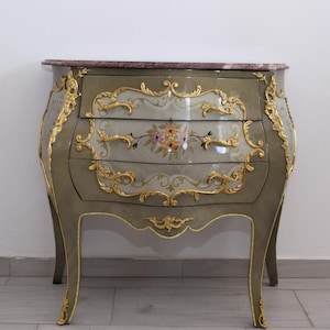 French Commode Louis XVI – Hand-Painted Floral Chest with Marble Top, Vintage Furniture – Elegant Home Decor – Gift Idea