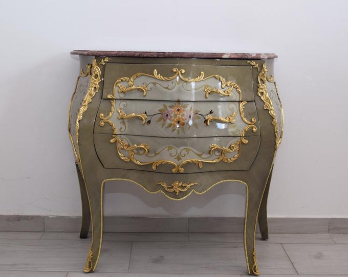 French Commode Louis XVI – Hand-Painted Floral Chest with Marble Top, Vintage Furniture – Elegant Home Decor – Gift Idea