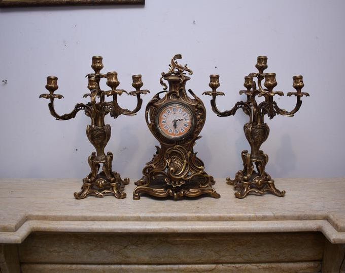 Vintage Brass Fireplace Mantel Set – Clock and Candelabras
