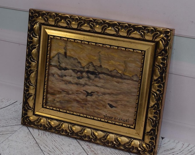 Antique Winter Landscape Painting – Old Village - Hut – Polish Art – Handmade – Wall Decor – Beautiful Gold Frame – Unique Gift
