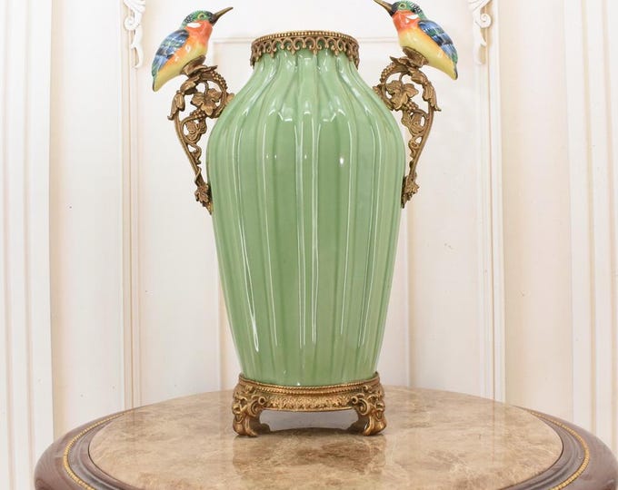 Green Porcelain Vase with 2 Hummingbirds – Art Nouveau Bronze Decor – Floral Vase – Koliber Design – Unique Gift – Elegant Home Accent