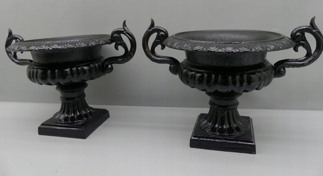 Pair Cast Iron Flower Pot Black Garden Vases Cast Iron Garden Decoration Planters Art Nouveau