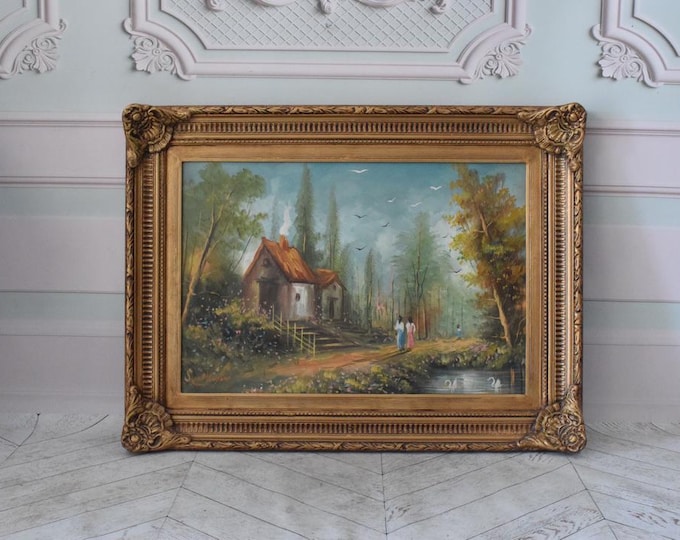 Very Large! French Village Landscape Near Paris - Gold Framed Vintage Painting - French Wall Art - Gold Frame Decor - Home Decor