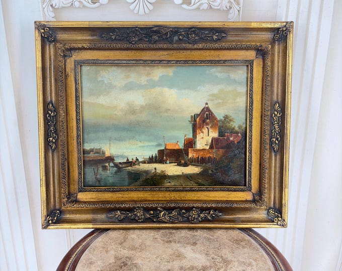 Fishing Village Landscape Painting – Hand-Painted Oil on Wood – Decorative Gold Frame