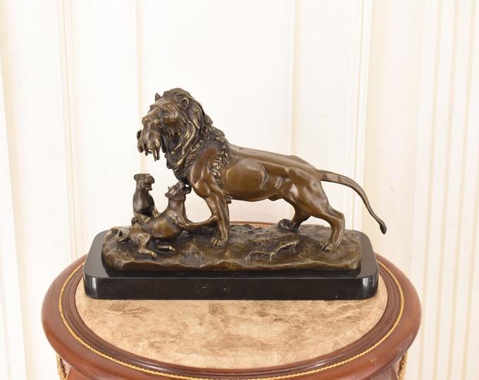 Lioness and Cubs Bronze Sculpture – Barye Style Signed Bronze Figure