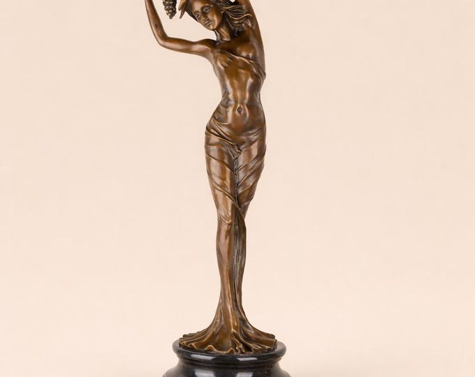Large Bronze Woman with Grapes - Statue on Marble Base, 33 Inch