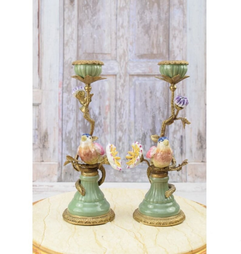 Pair Porcelain Candlesticks Bronze Ornaments Birds on a Branch Home Decor Unique Gift for Wedding Antique Candleholders image 1