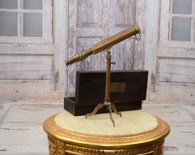 Stand Brass Telescope with Wooden Box - Decoration Office - Retro Nautical Decoration - Perfect Gift for Boss - Vintage Interior Accent