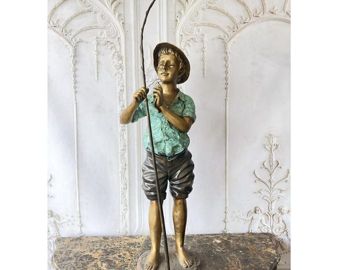Large Patinated Bronze Boy Fisherman Statue – Young Boy with Fishing Rod – Garden & Home Decor