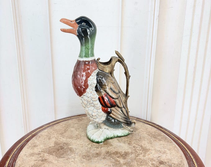 Colorful Porcelain Duck Decanter with Bronze Mounts - Vintage Animal Carafe - Decorative Barware