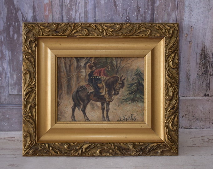 Genre Scene Polish Painting - Hetman Bugler on Horse - Ludwik Gedlek - Old Painting on Wood - Exclusive Gift - Home Decor - Wall Decor