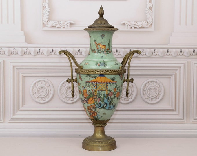Amazing Green Porcelain Vase - Amphora Japanese - Art Work Vintage Porcelain - Regency Decor - Home Decor - Gift for Wedding