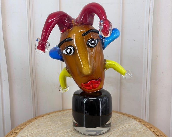Murano-Style Art Glass Jester Head – Colorful Handcrafted Glass Figure – Italian Decorative Art Glass