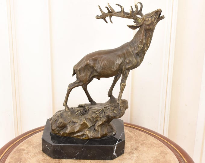Roaring Deer Bronze Sculpture on Marble Base - Hunting Decor