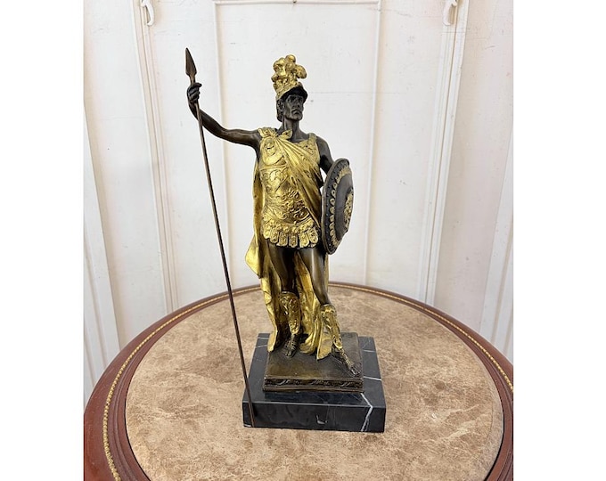 Gilded Bronze Roman Warrior Statue - Classical Soldier with Spear & Shield - Marble Base - Luxury Vintage Decor
