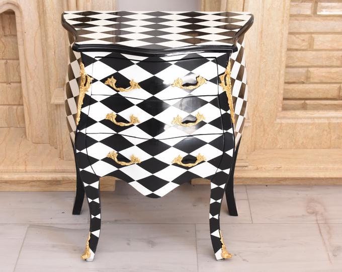 Vintage French Louis Style Commode – Black White Diamond Chest Drawers Elegant Cabinet
