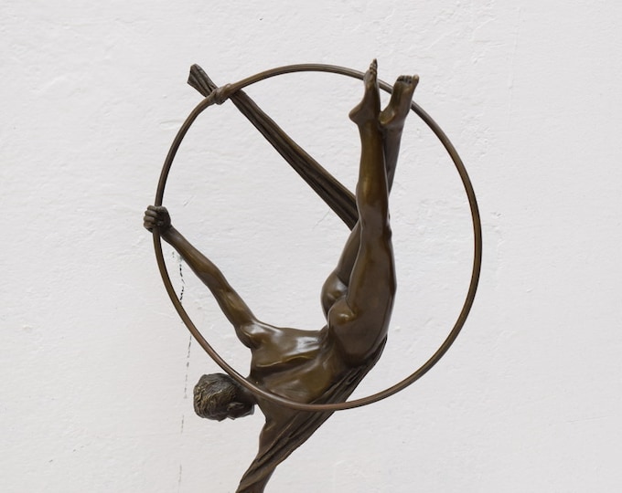 Bronze Gymnast Sculpture: Woman Acrobat with Hoop on Marble Base