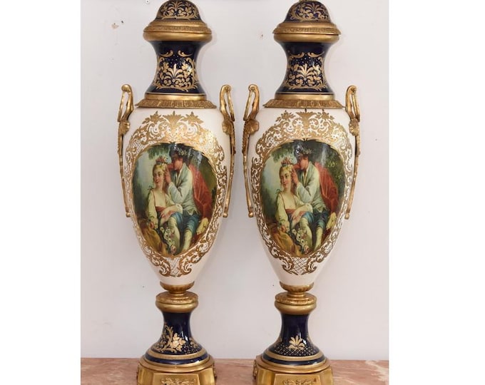 Set of Two French Porcelain Vases — Cream & Dark Blue Gilded Porcelain with Bronze Details — Aristocratic Design, Luxury Home Décor