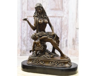 Handmade Bronze Sculpture: Female with Butterfly & Angel on Marble Base