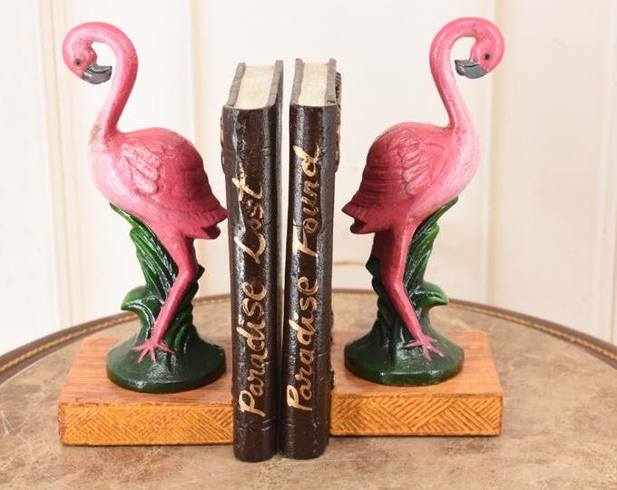 Vintage Cast Iron Flamingo Bookends – Hand Painted – Unique Decorative Book Holders – Exotic Bird Decor