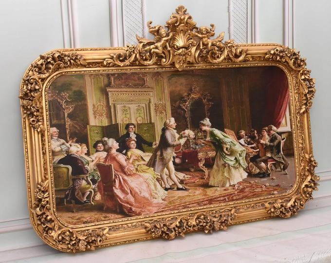 French Aristocracy Print in Art Nouveau Frame: Baroque Historical Scene