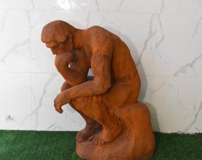 Large Rustic Cast Iron Rodin Thinker Statue: Vintage Sculpture